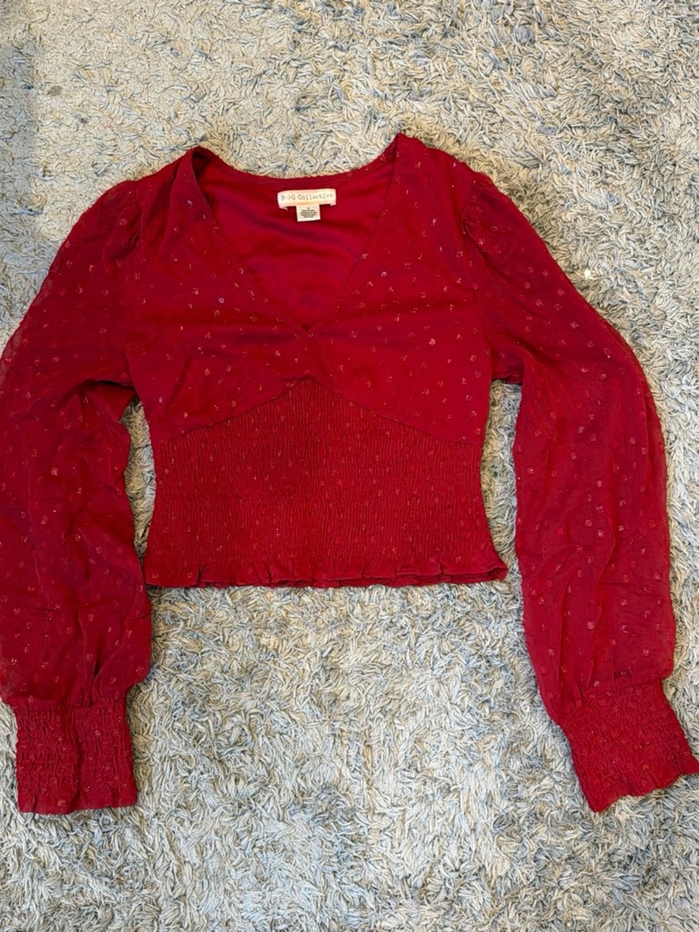 BOG Collective Collared Red V-Neck Smocked Waist Long Sleeve Top